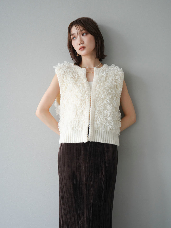 [SET]レザー襟オンブレチェックオーバーシャツ +ループデザインホックベスト +クラッシュベロアナロースカート(3set)