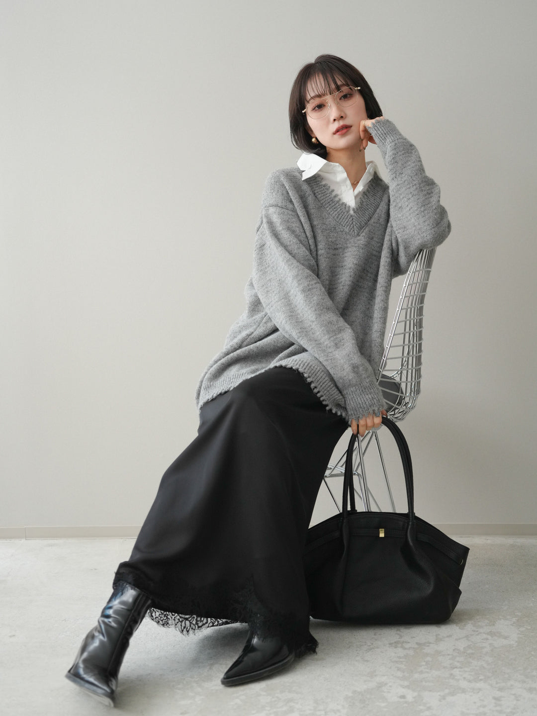 [予約]シャツドッキングVネックフリンジニットプルオーバー/gray