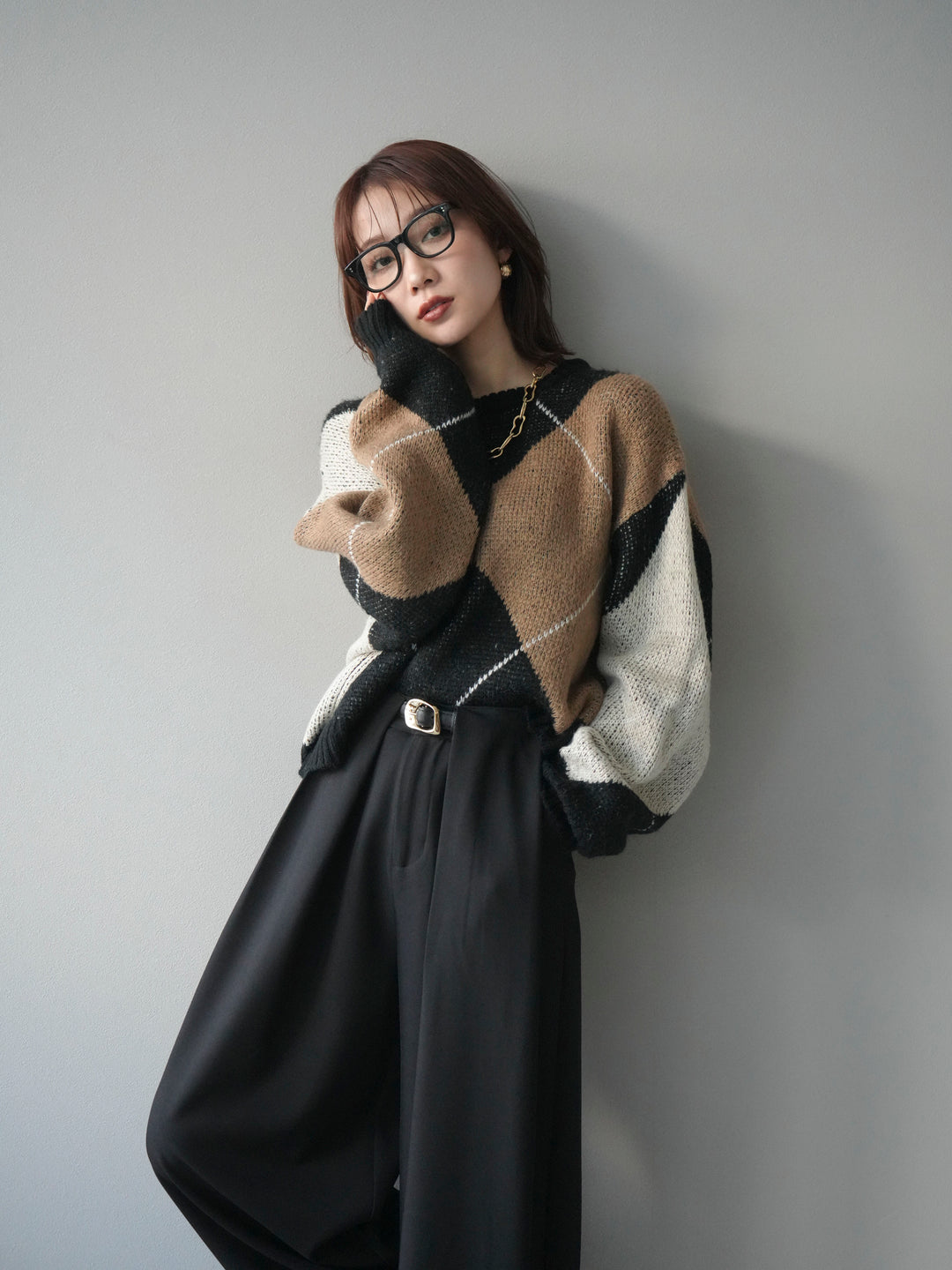 [SET]配色ステッチアーガイル柄ニットプルオーバー+選べるアクセセット(2set)