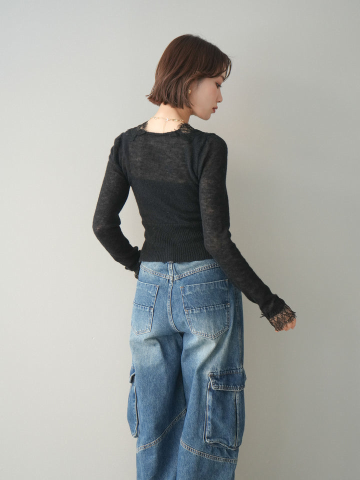 [予約]モヘアタッチレースニットカーディガン/black