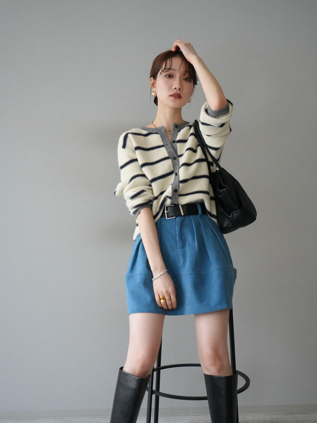 [予約]配色ボーダーニットカーディガン/apricot