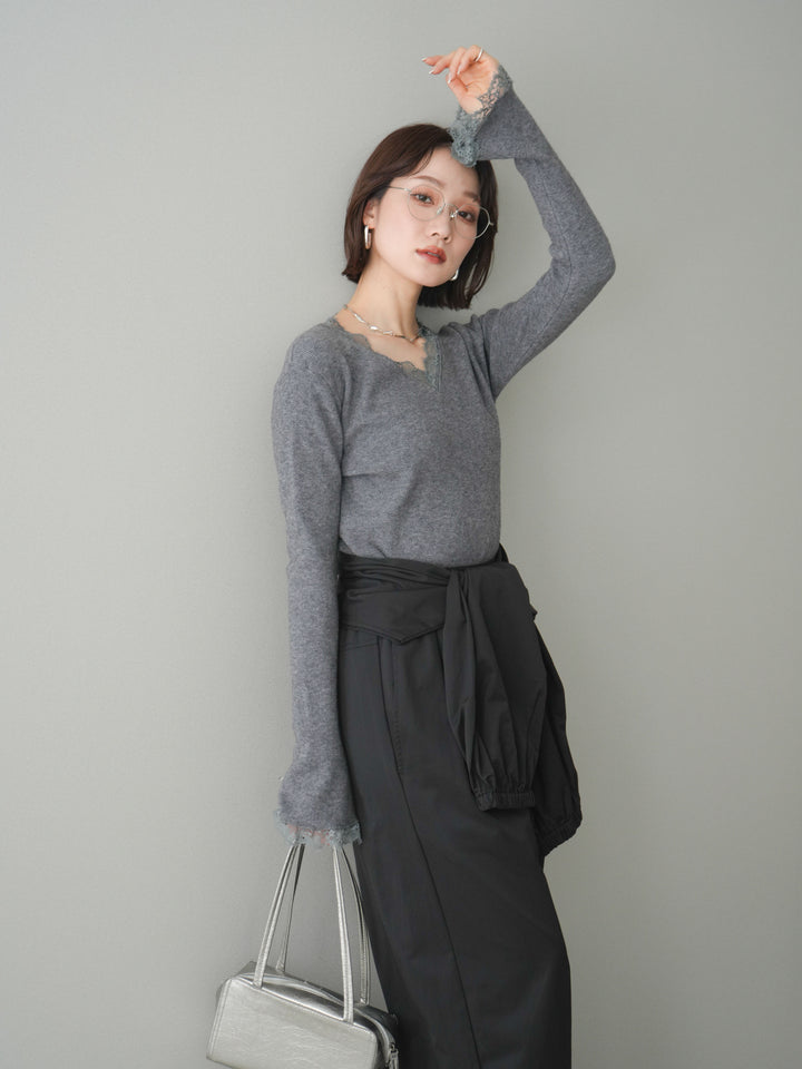 [SET]レースドッキングVネックニットトップス+ウエスト巻きデザインドロストコットンナイロンパンツ(2set)