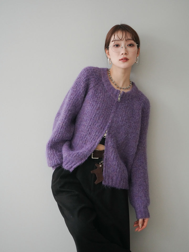 [予約]MIXヤーンモヘアタッチZIPニットカーディガン/purple