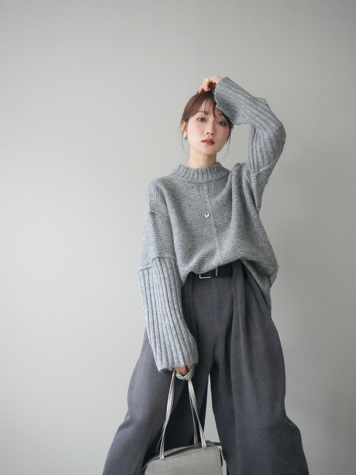 [SET]編み地切替ボトルネックニットプルオーバー+ベルトデザインループコールテンワイドパンツ(ベルト付き)(2set)