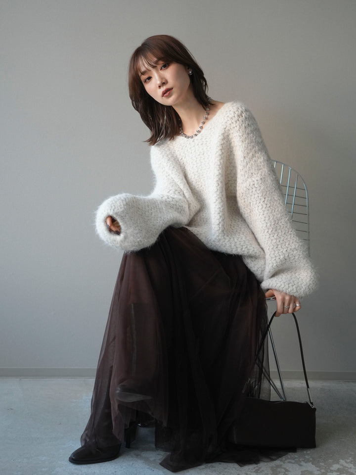 [予約]ウールタッチラメミックスヤーンVネックニットプルオーバー/ivory