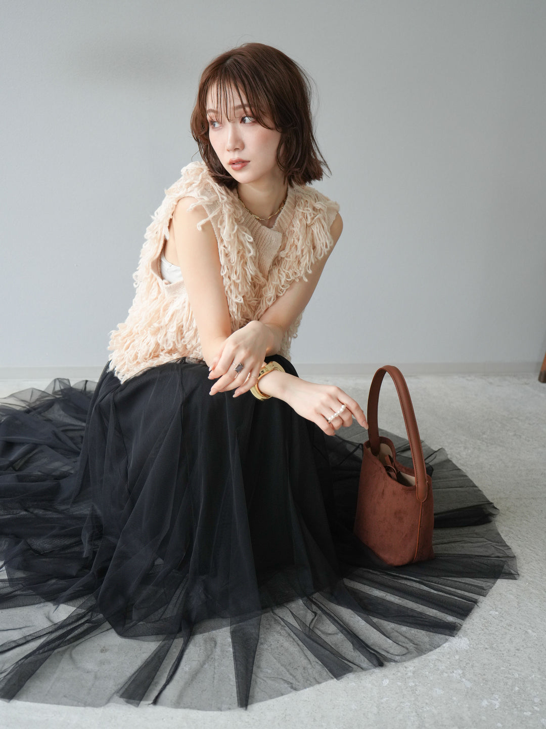 [SET] 前開衩針織背心 + 薄紗蓬鬆裙 (2 件套)