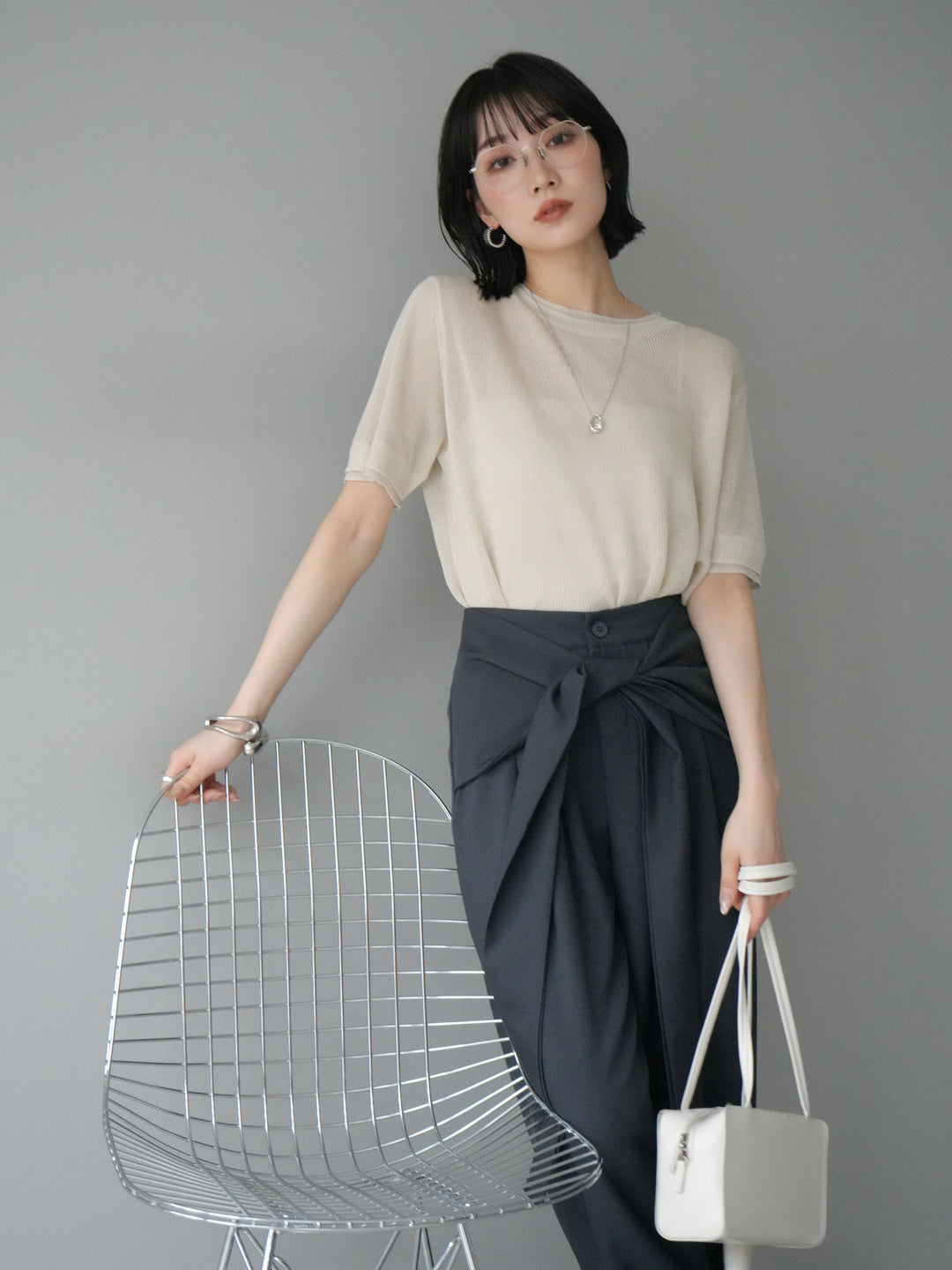 [SET]リネンタッチ配色二重臼ハーフニットトップス+ウエスト巻きデザインワイドパンツ(2set)