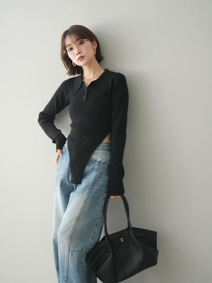 [予約]リブポロニットボディスーツ/black