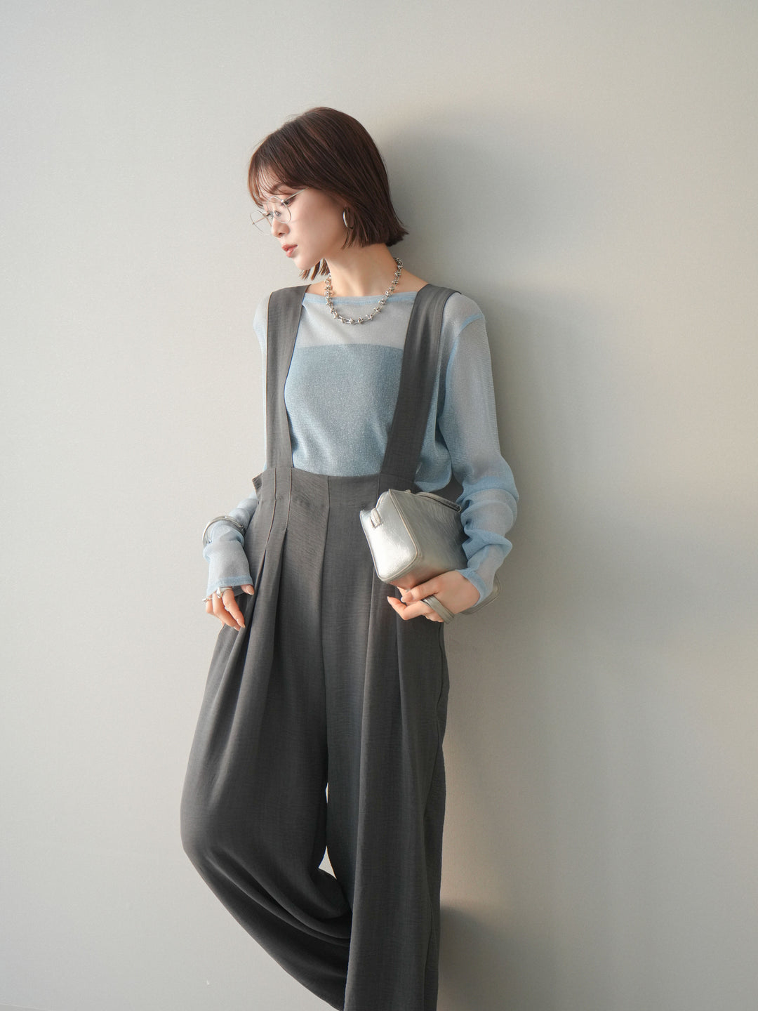 [予約]シボ加工ハイウエストタックサロペット/charcoal