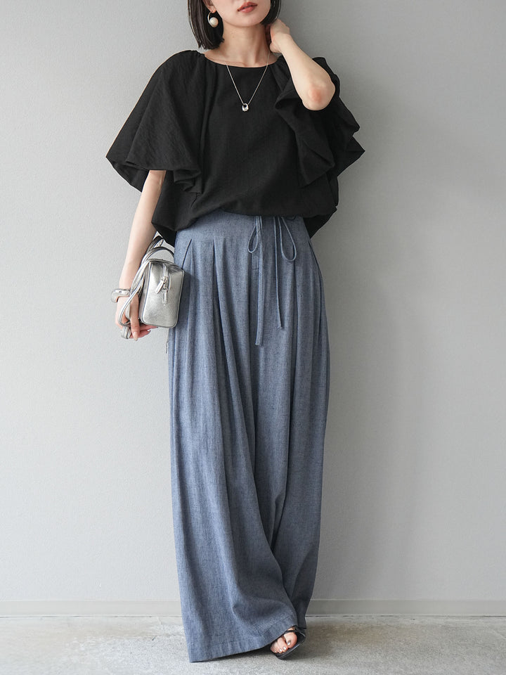 【預購】仿亞麻雙褶設計寬褲/藏青色