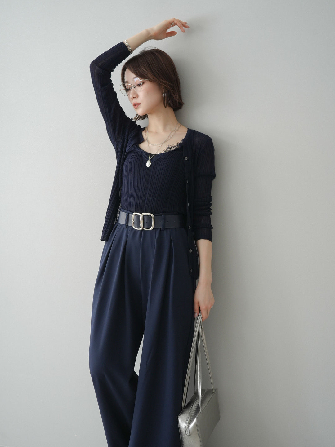 [予約]インナーレースキャミソール＆カーディガンアンサンブル/navy
