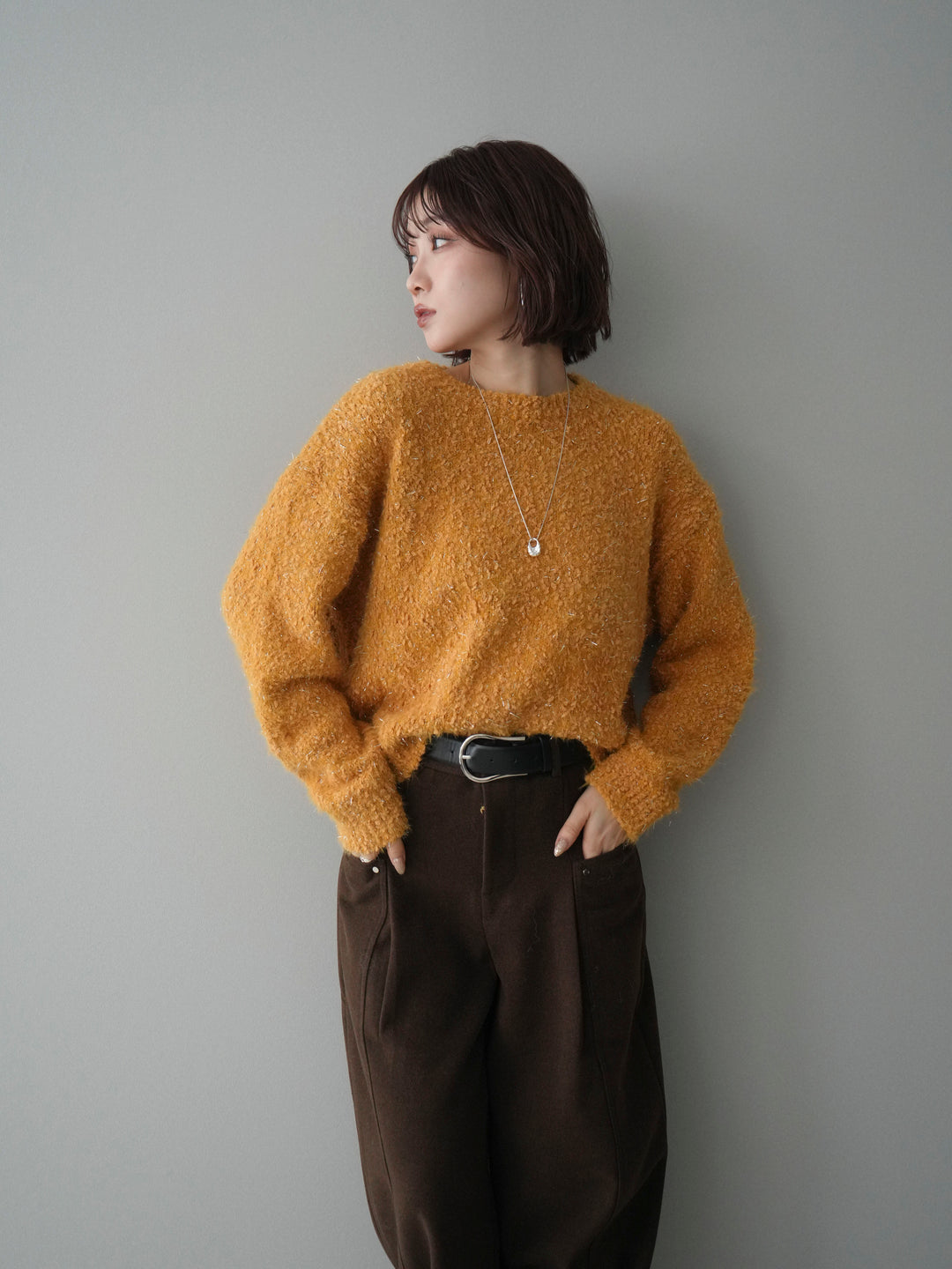 [SET]モールラメミックスヤーンニットプルオーバー+ベルト付起毛コクーンパンツ(2set)