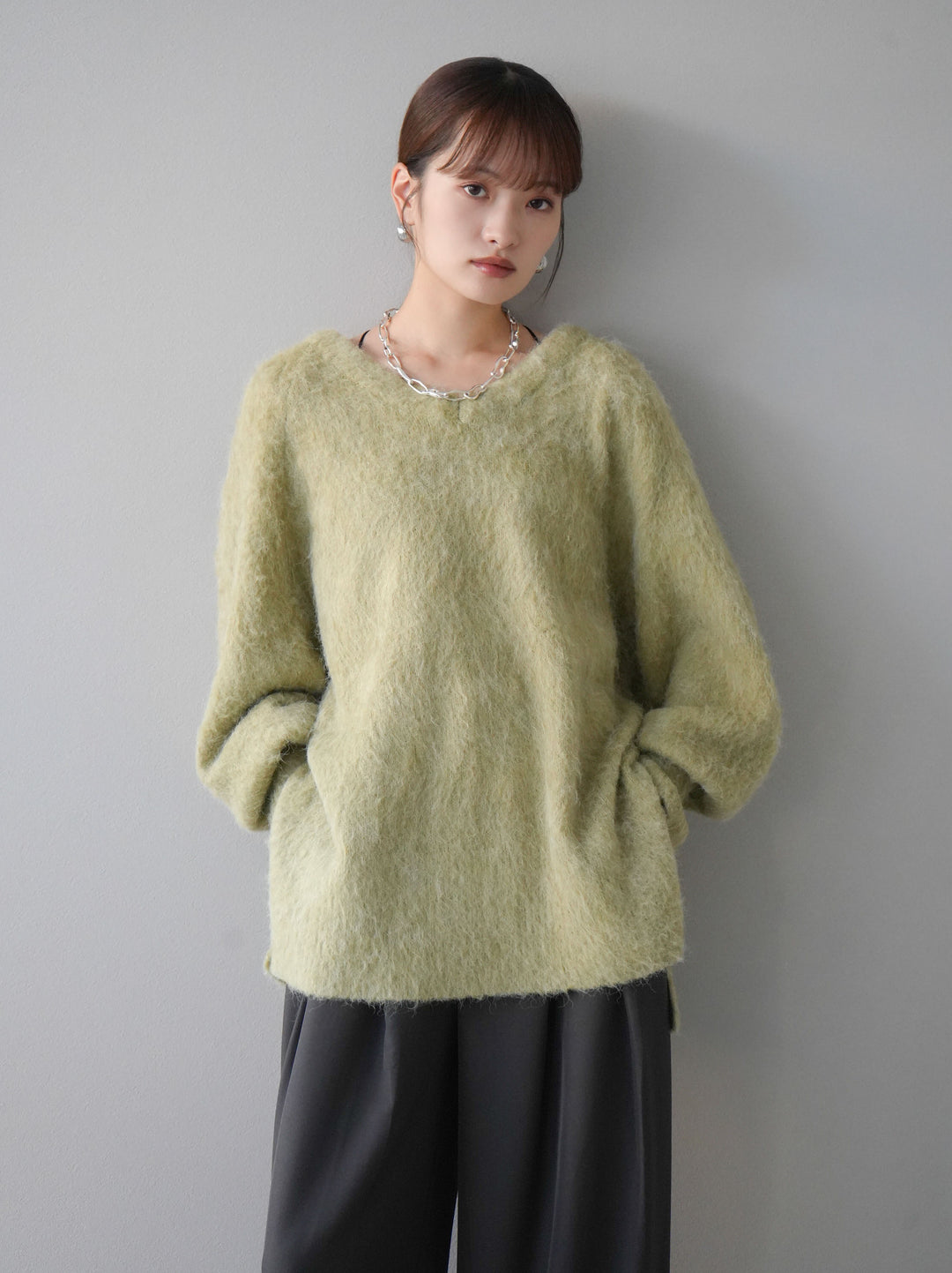 [予約]Vネックオーバーモヘアニットプルオーバー/ピスタチオ