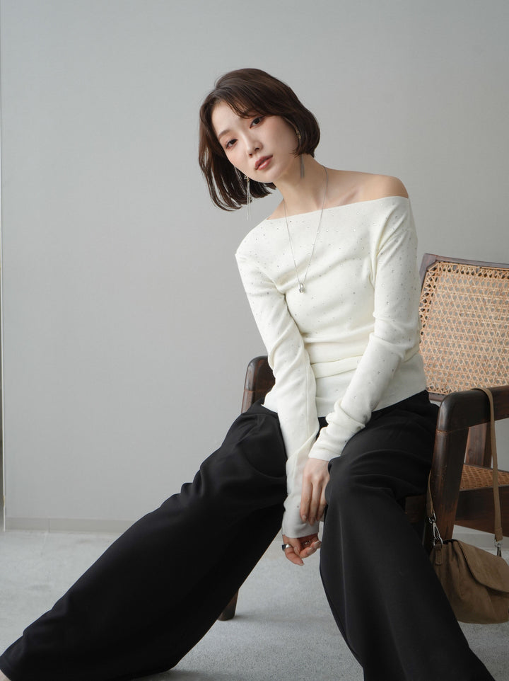 [予約]ラインストーンアシンメトリーニットトップス/ivory