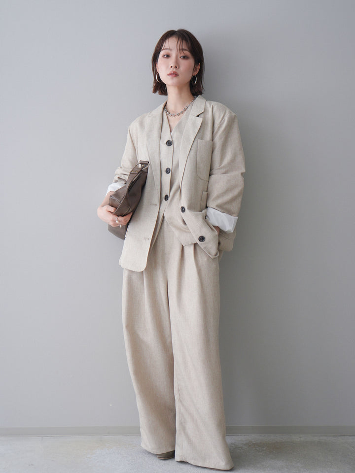 [SET]リネンライクテーラードジャケット+リネンライクバックオープンジレ+リネンライクタックワイドパンツ(3set)
