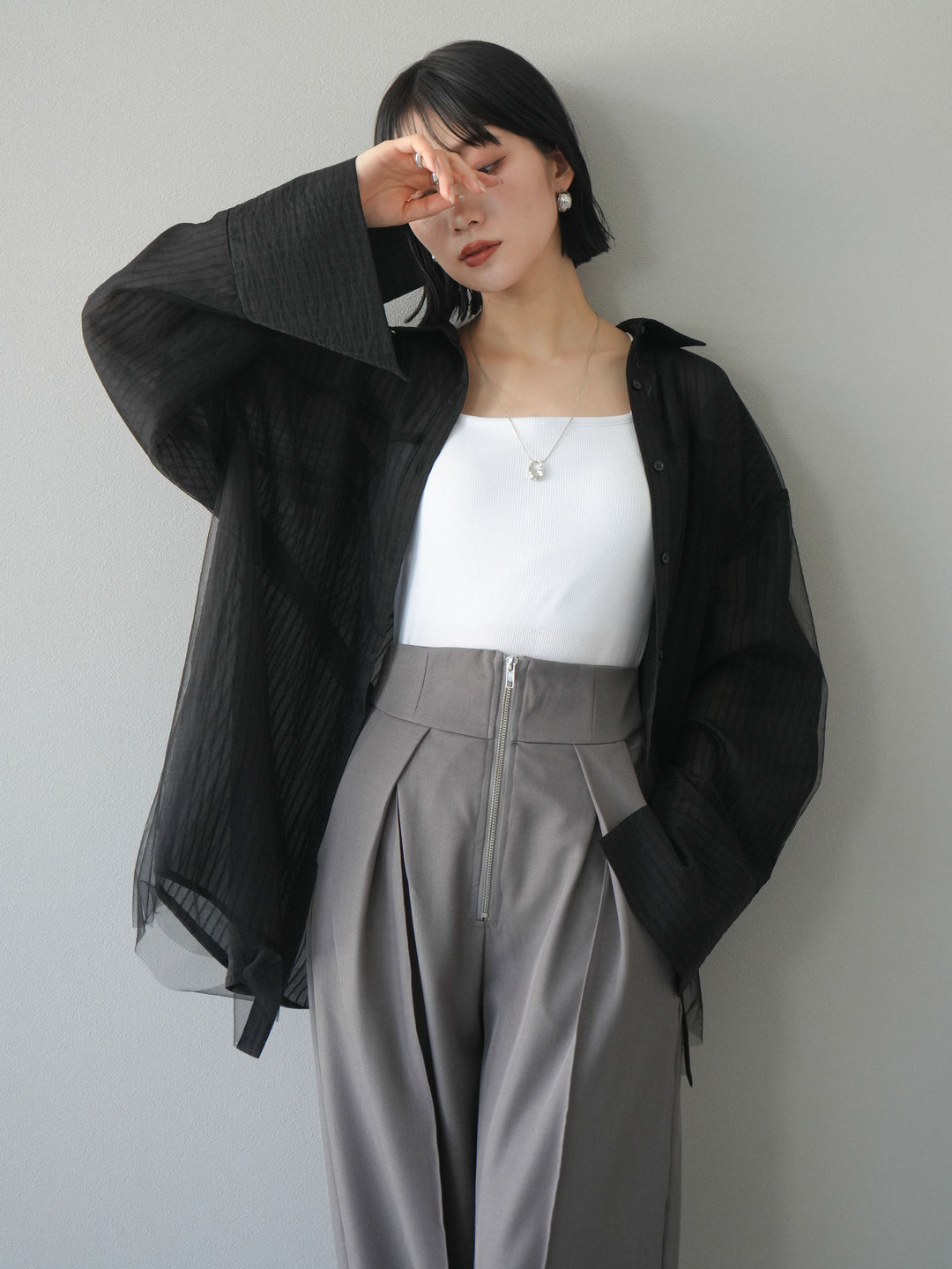 【預購】薄紗對接透視條紋大袖口oversized襯衫/黑色