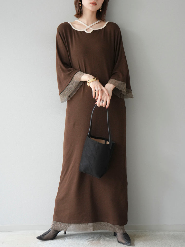 [予約]デザインネックラメシアー切替ニットワンピース/ブラウン