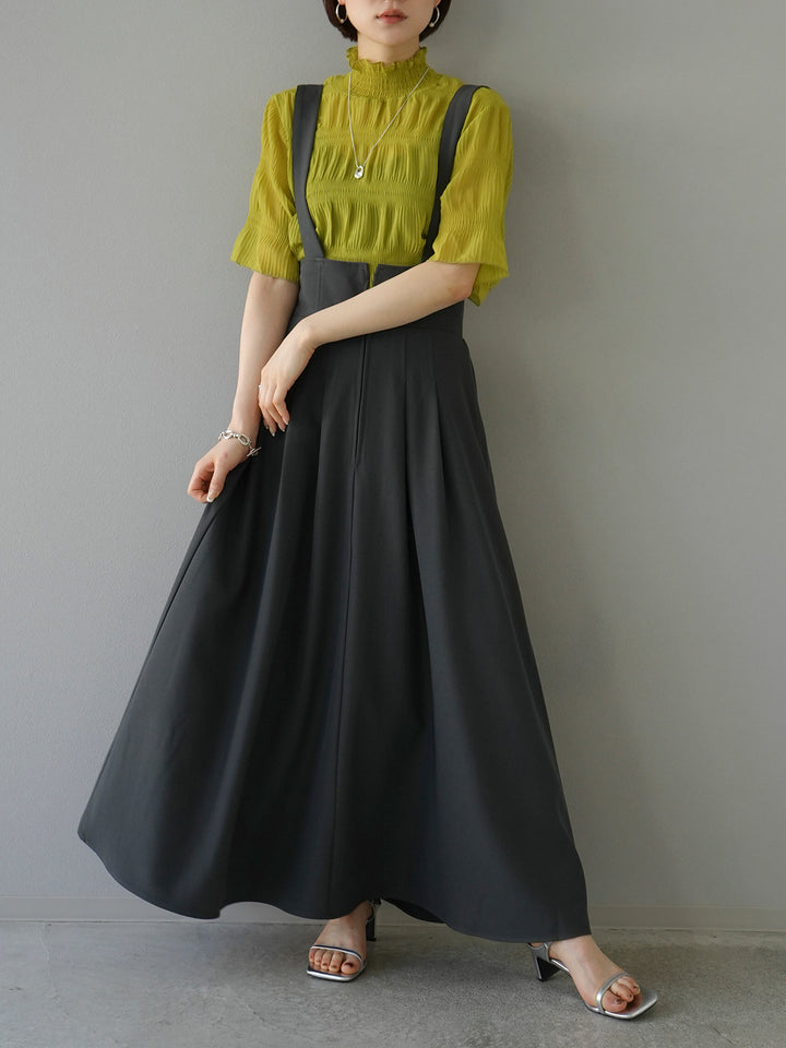 [SET] Shirring chiffon half sleeve blouse + 2WAY flare jumper skirt (2set)