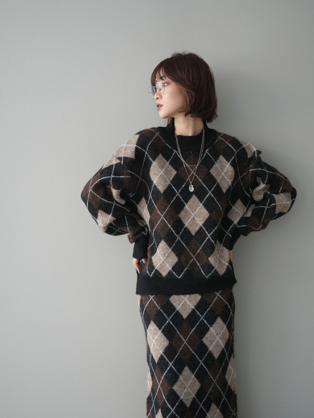 [SET]アーガイルニットプルオーバー&ロングスカートSET UP+選べるアクセセット(2set)