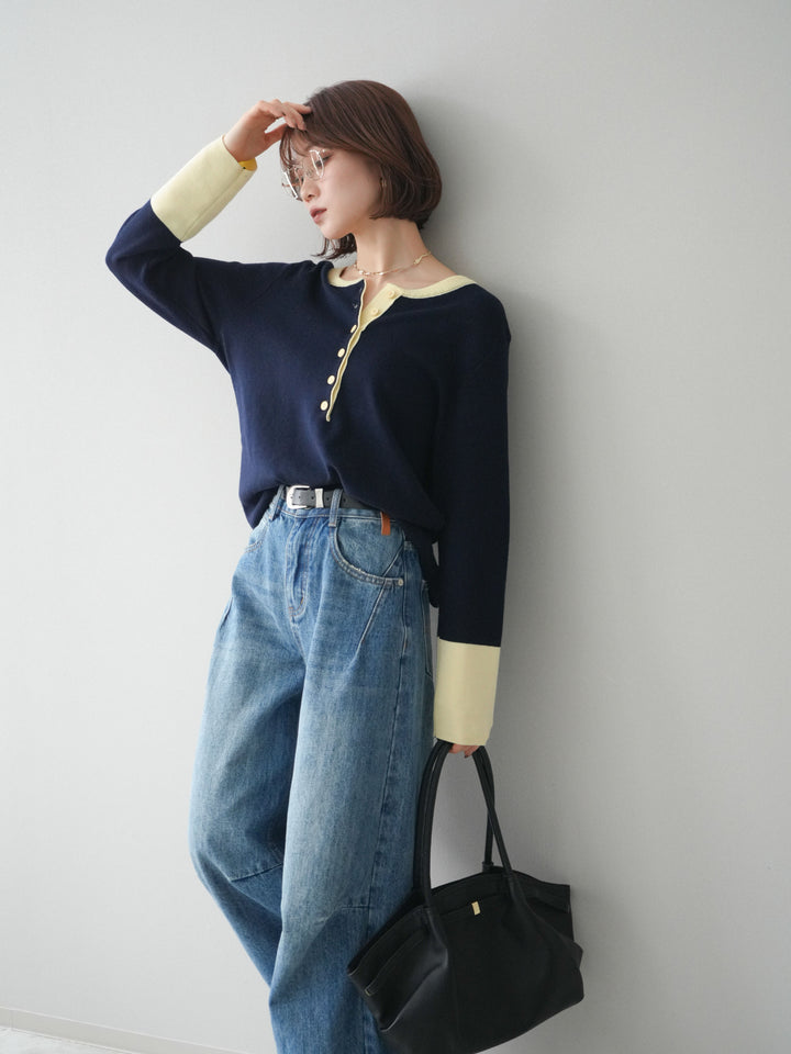 [予約]ヘンリーネック配色ニットソー/navy