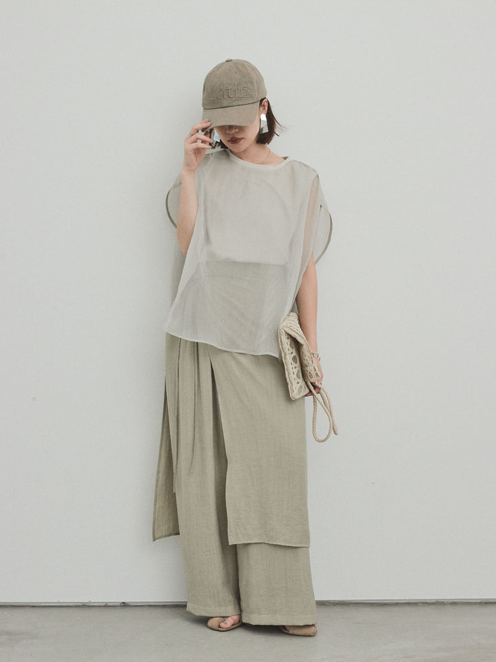 [SET]コンパクトスムースシアーレイヤードトップス+ワッシャーサテンレイヤードスカートパンツ(2set)