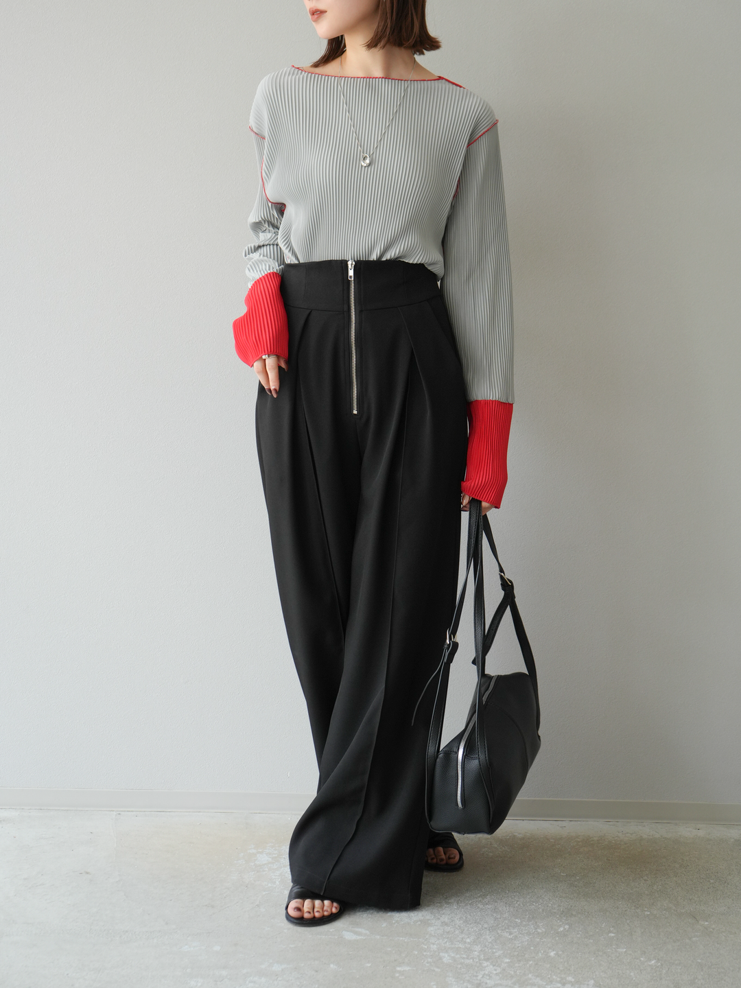 [予約]バイカラープリーツトップス/グレー