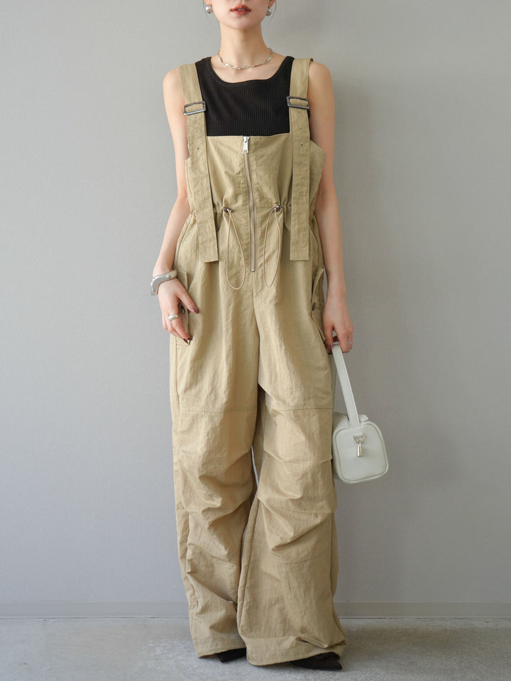 [予約]ナイロンタックデザインサロペット/ベージュ