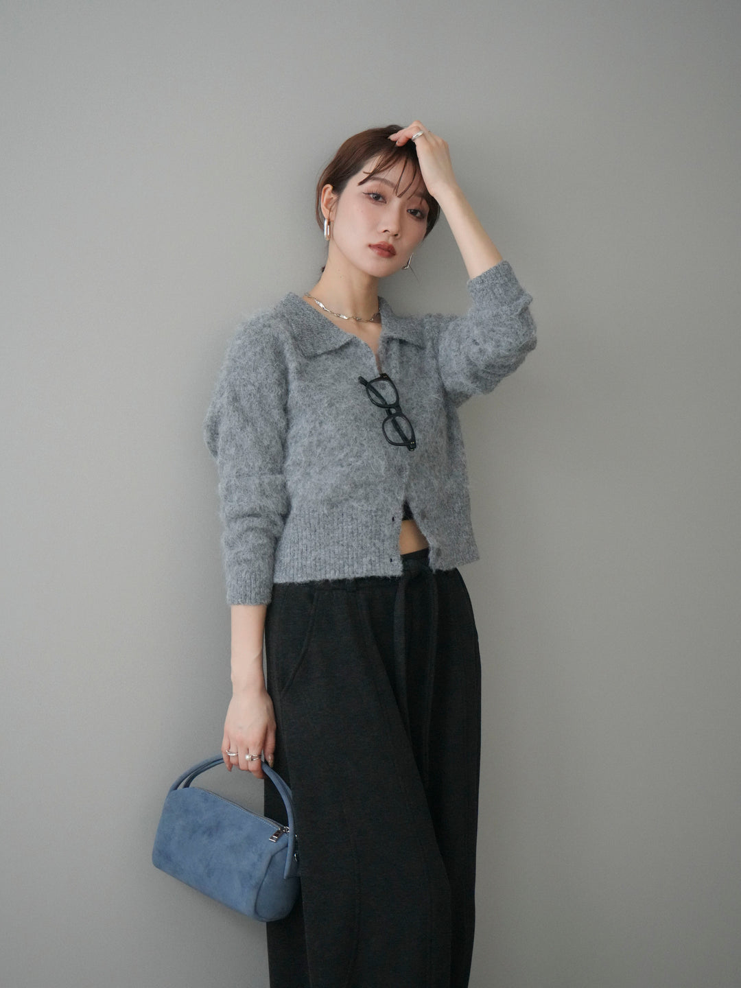 [予約]モヘア衿付きボタンプルオーバー/charcoal