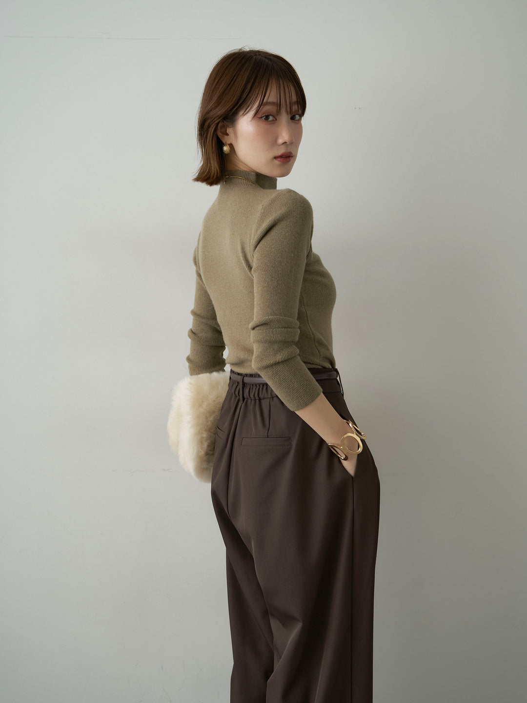 [予約]リブモックネックニットトップス/khaki