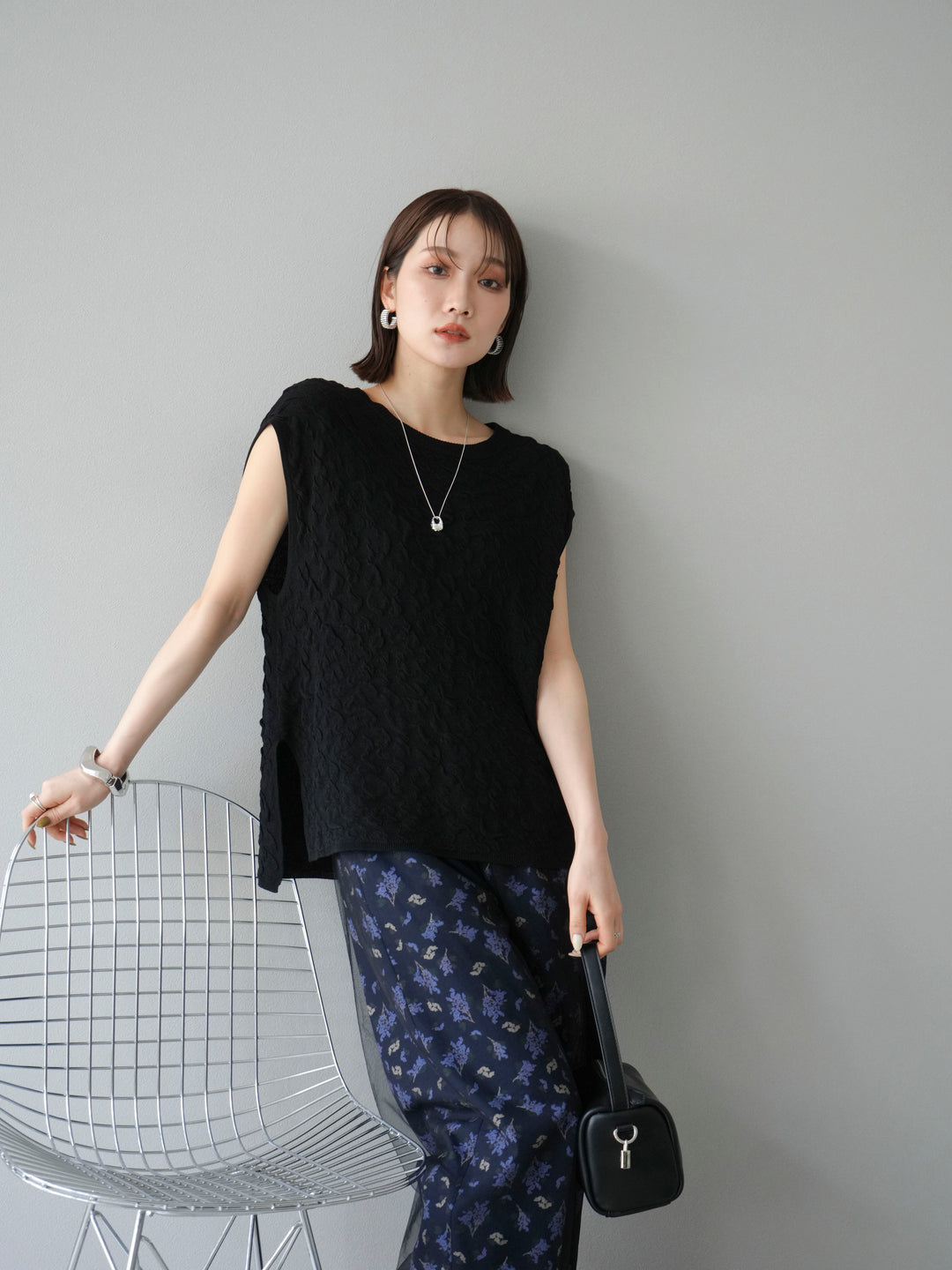 [SET]コード刺繍チュールレイヤードパンツ+ブーケプリントタックパンツ(2set)