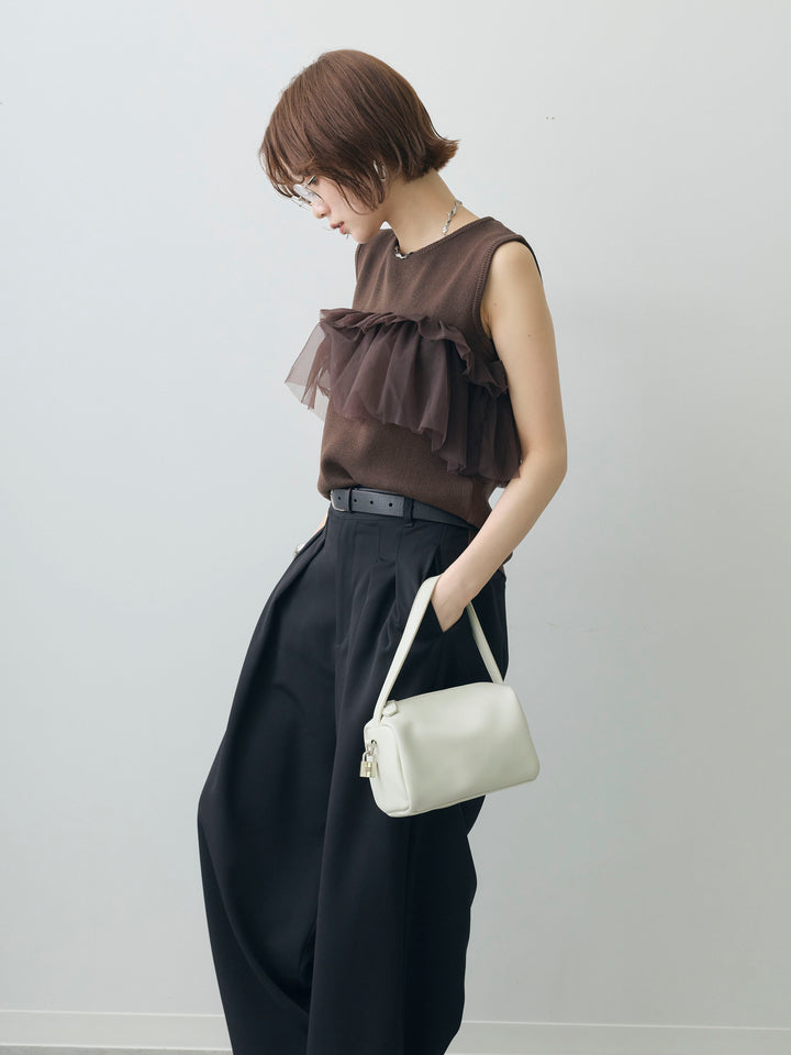[予約]チュールフリルニットノースリトップス/brown