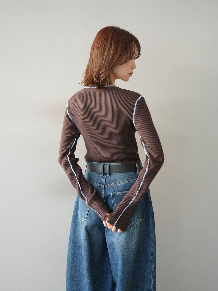 [予約]バイカラークルーネックリブニットトップス/brown