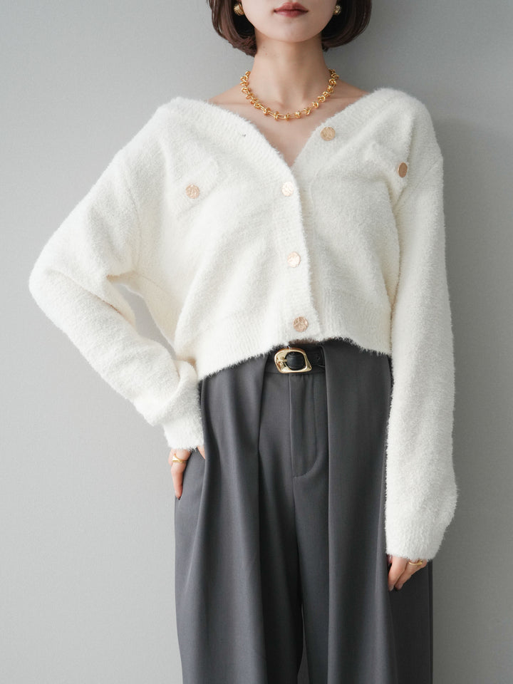 [SET]ゴールドボタンモールニットカーディガン+ベルトループデザインワイドパンツ(2set)