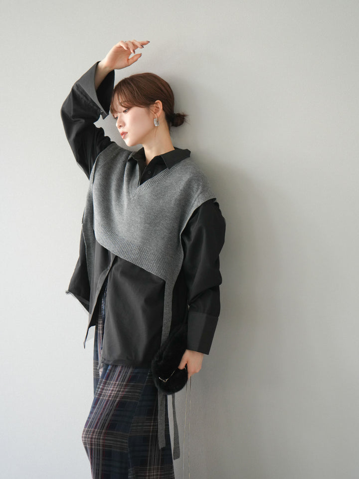 [予約]サイドリボンVネックショートニットベスト/チャコール