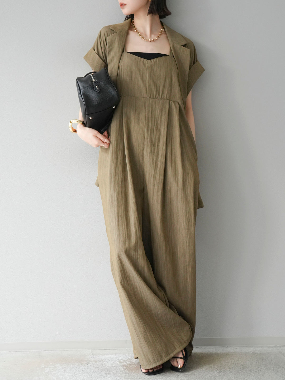 [予約]リネンライクビスチェデザインサロペット/グレージュ