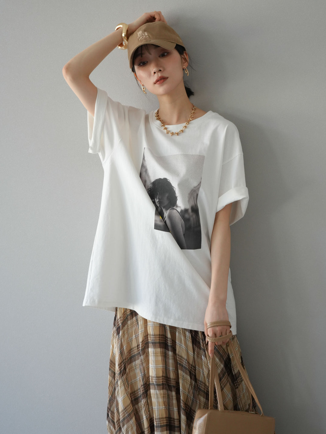 [SET]ネオンロゴフォトプリントBIG Tシャツ+シアーチェックアシンメトリーワッシャースカート(2set)