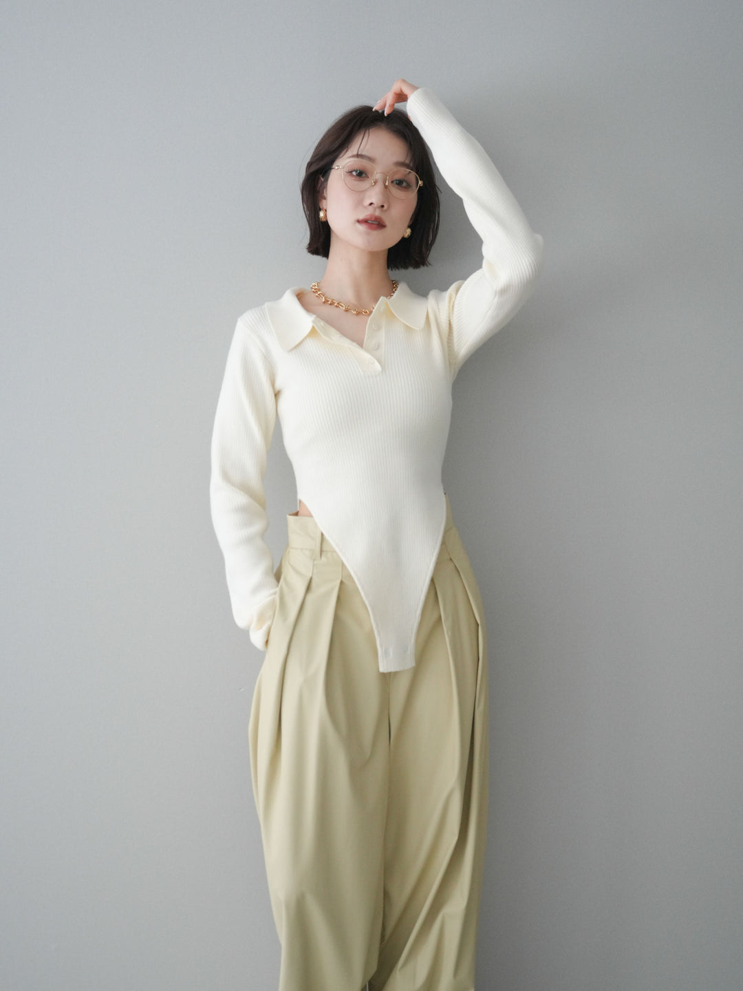 [予約]リブポロニットボディスーツ/ivory