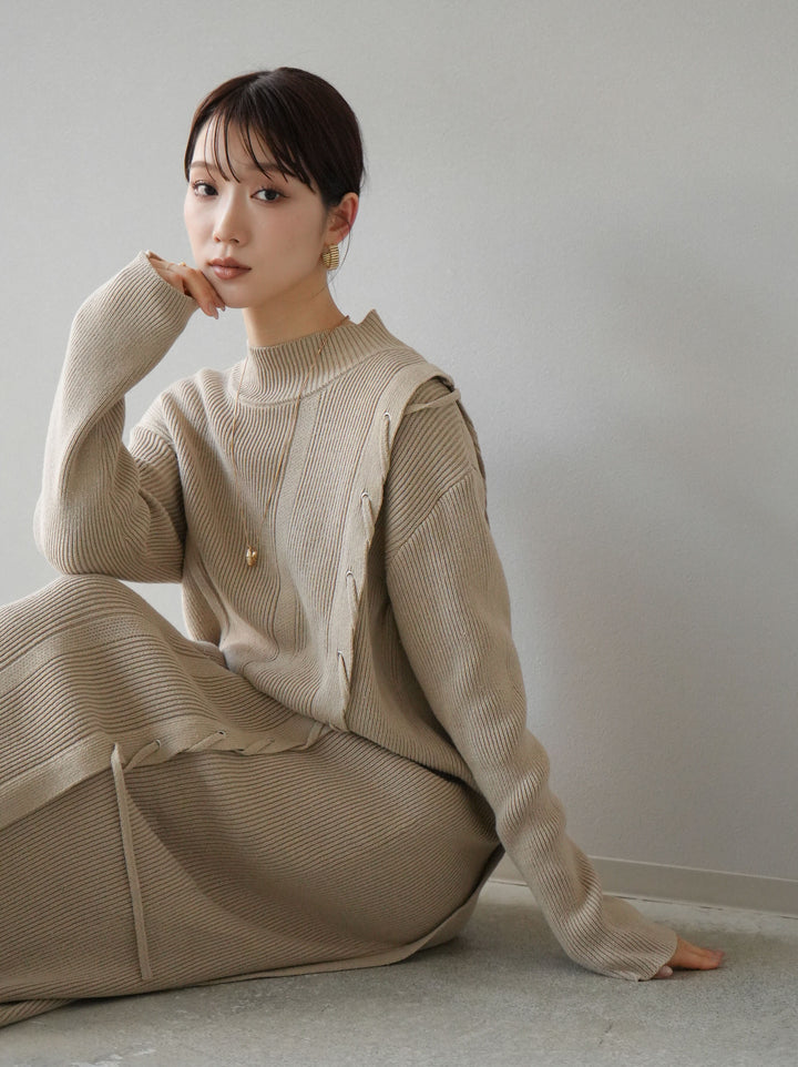 [SET] 不對稱繫帶高領針織連身裙 + 可選飾品套裝 (2套)