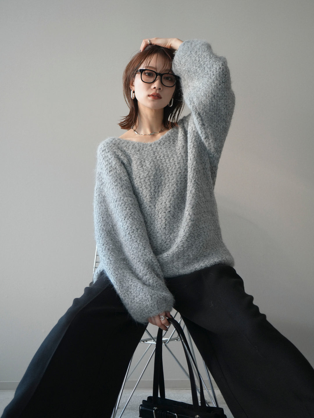 [予約]ウールタッチラメミックスヤーンVネックニットプルオーバー/lightgray