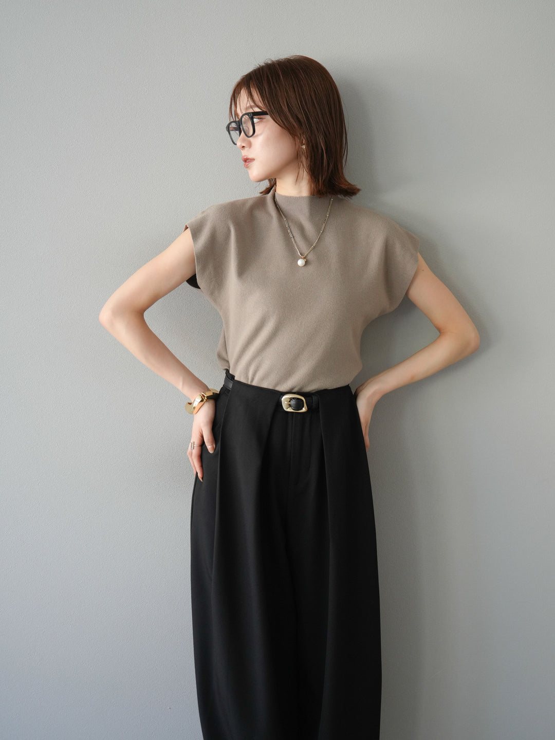 [予約]プチネックフレンチニットトップス/ベージュ