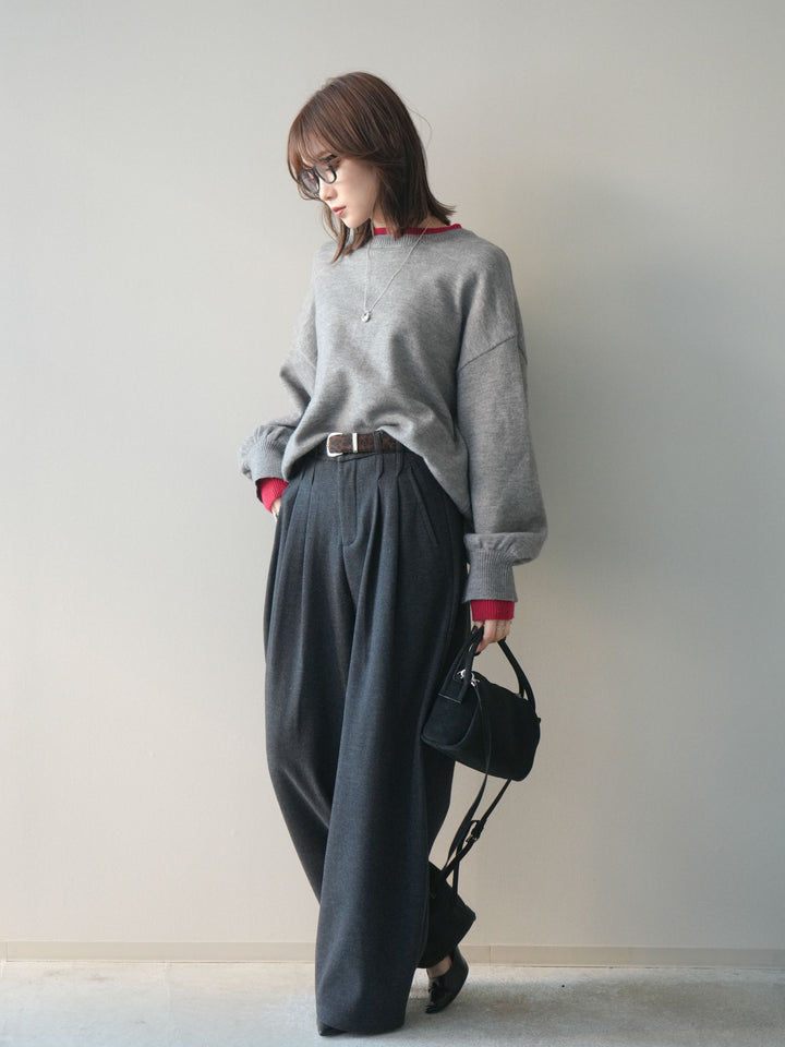 [SET]ヘンリーネック配色レイヤードニットプルオーバー+アニマル柄ベルト付きウールタッチワイドパンツ(2set)