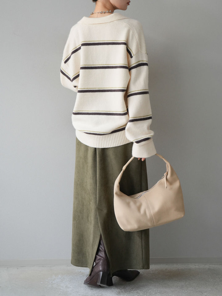 [SET]ポロ襟スキッパーボーダーニットプルオーバー+スウェードIラインスカート(2set)