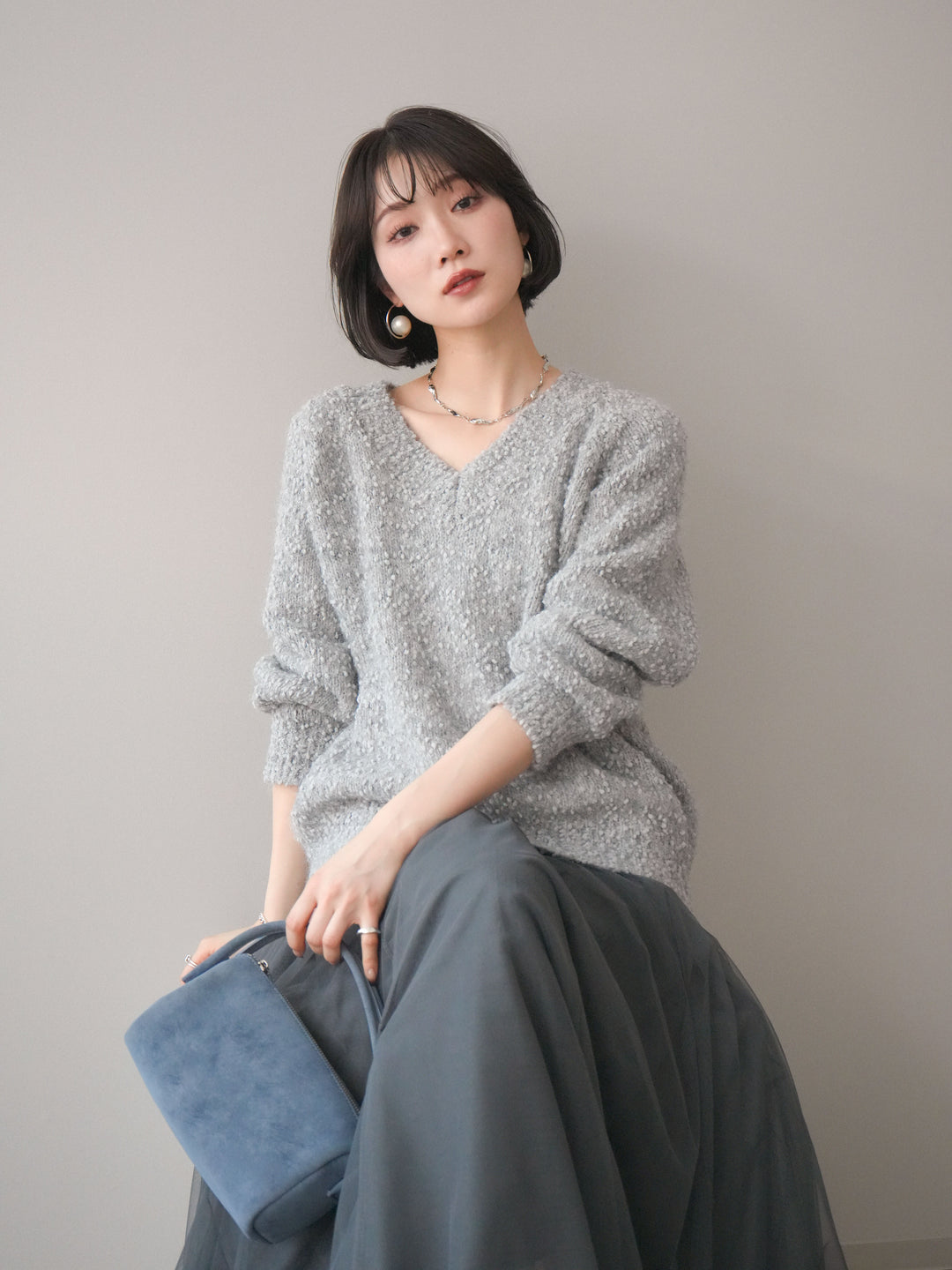 [SET]Vネックスラブニットプルオーバー+選べるアクセセット(2set)