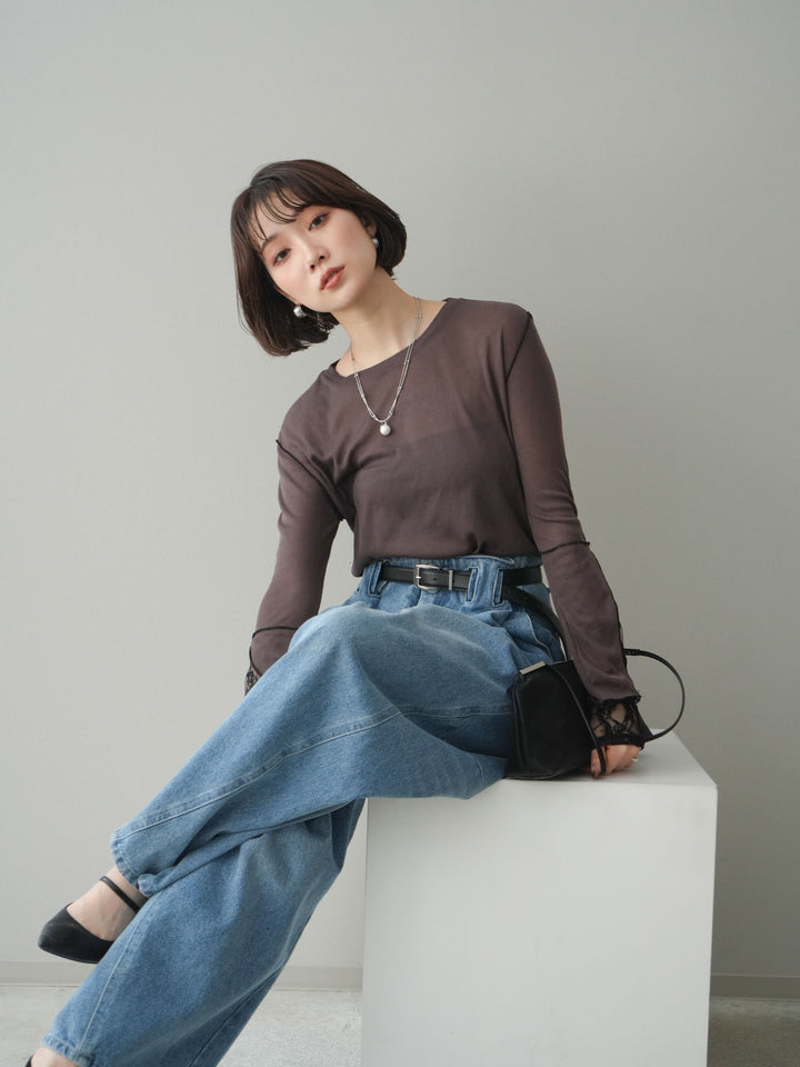 [SET]袖レースレイヤードデザインメロートップス+ハイウエストベルトループデザインデニムパンツ(2set)