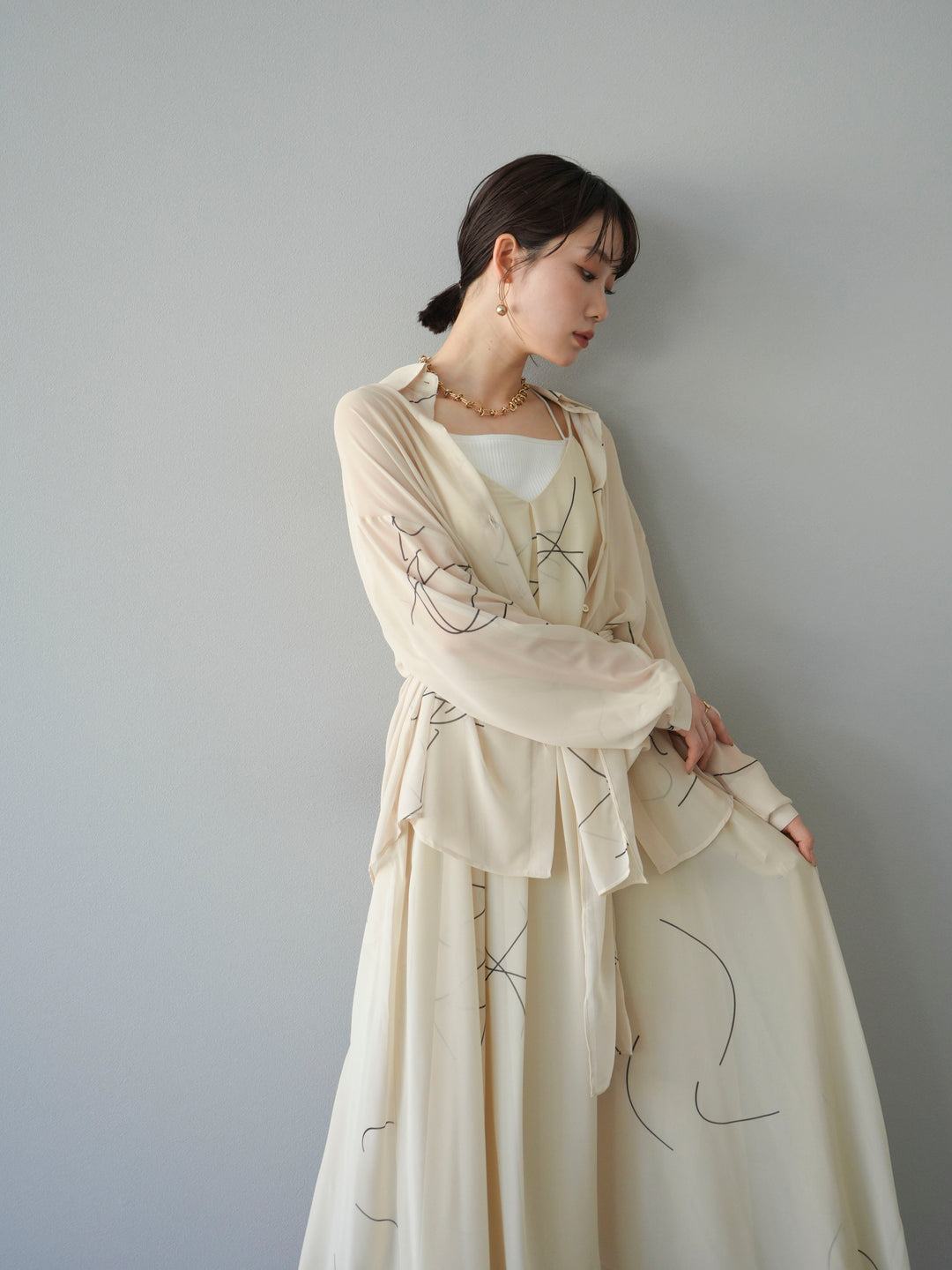 [SET]ペンタッチシフォンキャミワンピース+ペンタッチシフォンシャツ(2set)