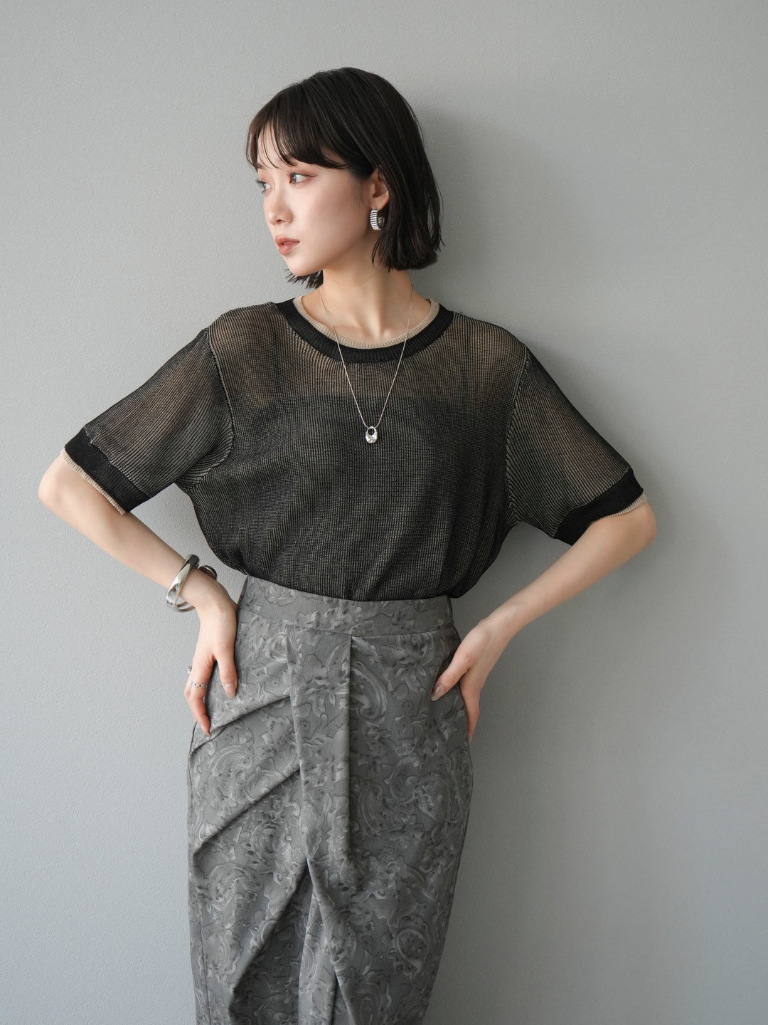 [SET]リネンタッチ配色二重臼ハーフニットトップス+選べるアソート柄スカートセット(2set)