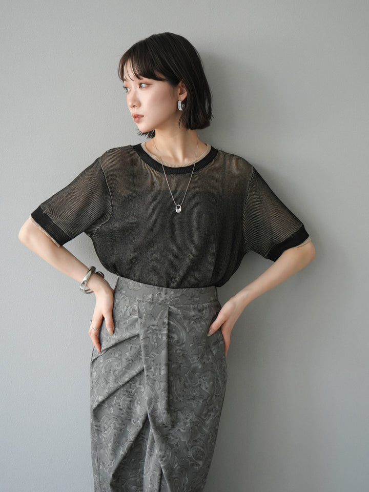 [SET]リネンタッチ配色二重臼ハーフニットトップス+選べるアソート柄スカートセット(2set)