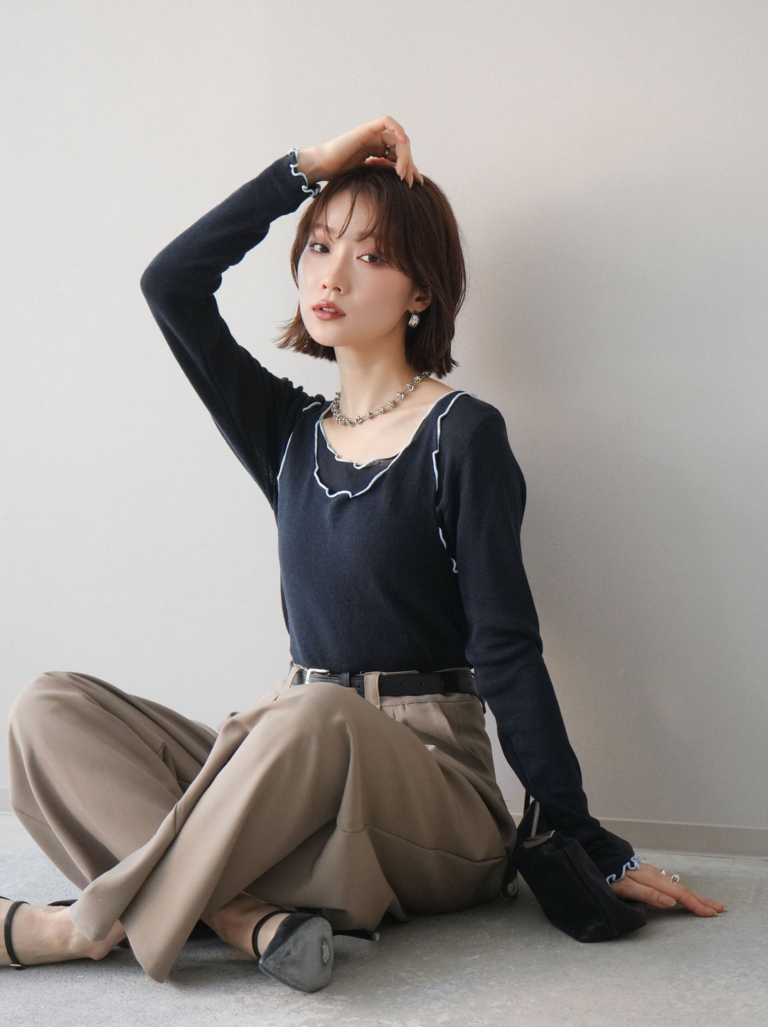 [予約]バイカラーメローアンサンブルシアーニットトップス/navy