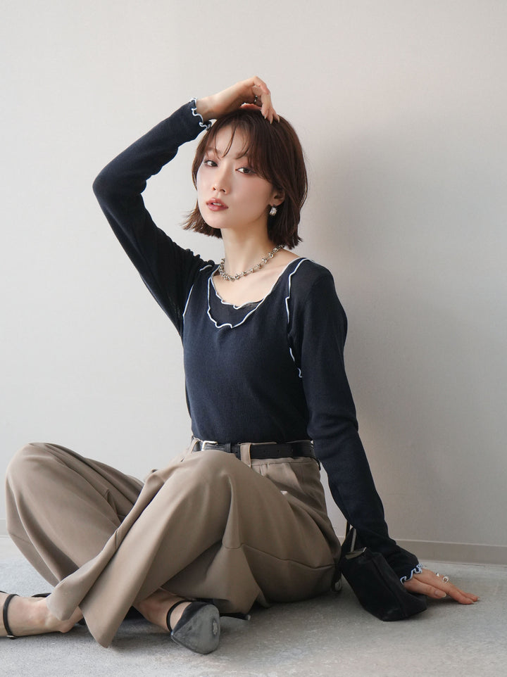 [予約]バイカラーメローアンサンブルシアーニットトップス/navy