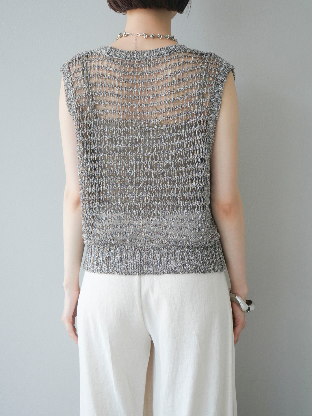 [預購] 混紗鏤空針織背心/棕色